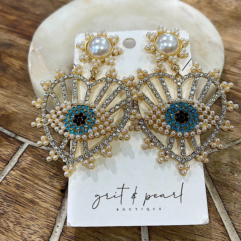 Gold Tone Evil Eye Heart Drop Earrings – Pearl Rhinestone Statement Earrings